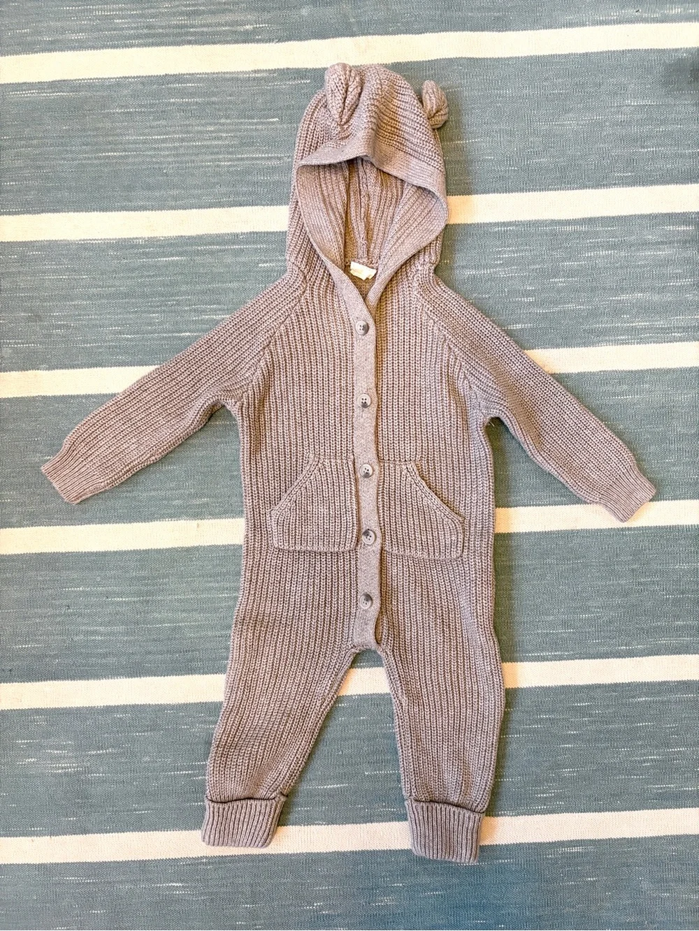 Jamie Kay Knit Hooded Baby One-Piece Bear Romper in Grey